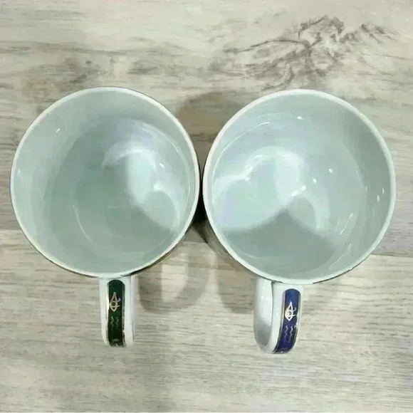 Egyptian Sculpture Coffee Mug Fine Royal Porcelain Set Of 2 Cups Gold Green Blue - Picture 6 of 7